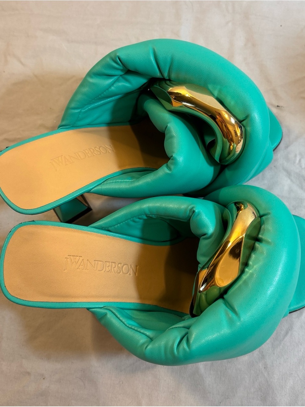 Turquoise Quilted Slide Heels with Gold Accent - Picture 11 of 13